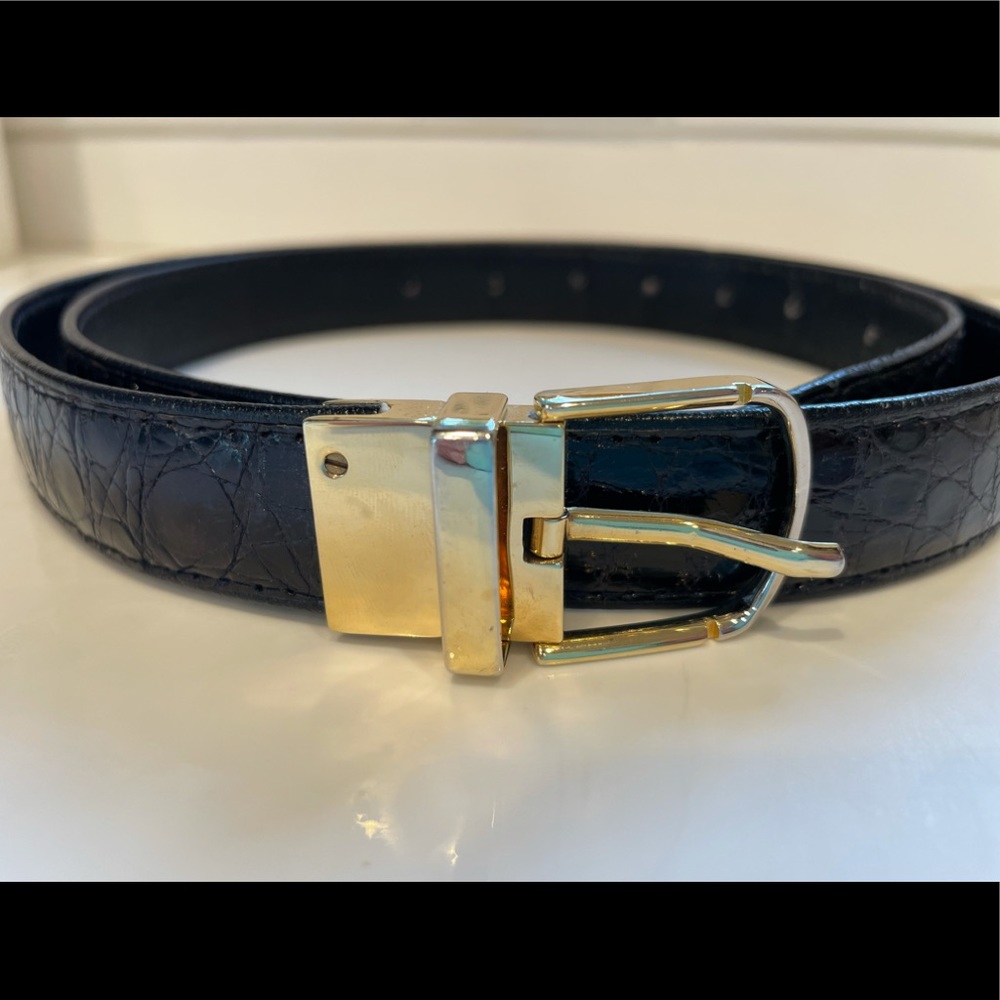 Vintage Italian Black Leather Belt Gold Buckle